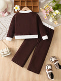 Girls' fall/winter outfit: dark brown knit top with white collar and matching pants - two-piece set for kids