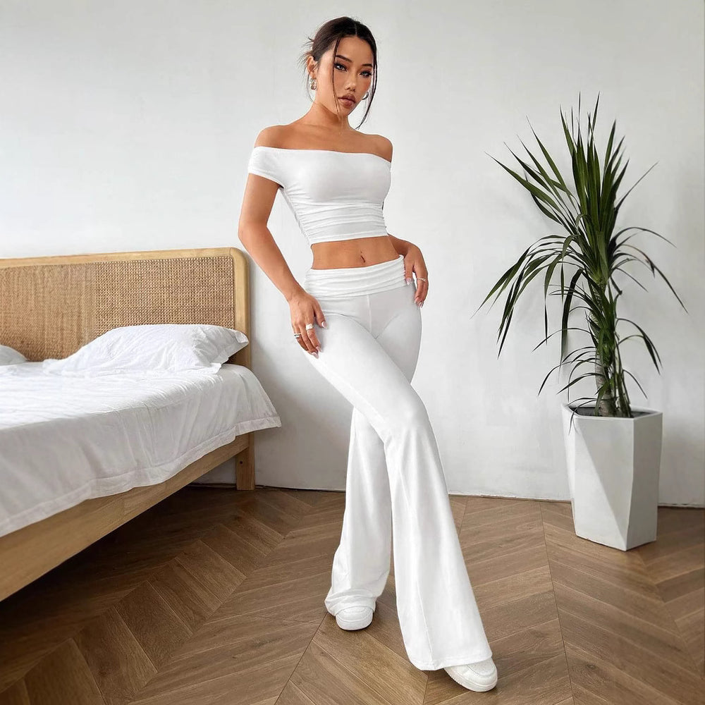european and american  cross-border solid color one-shoulder ruched t-shirt and flare pants two-piece set for women