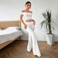 european and american  cross-border solid color one-shoulder ruched t-shirt and flare pants two-piece set for women