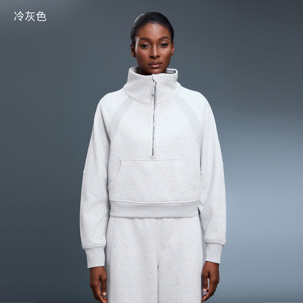 Women's fleece-lined half-zip high neck pullover sweatshirt - autumn/winter warm outerwear top - d25131