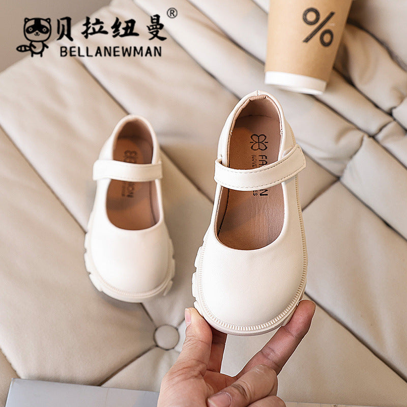 Vancahao girls' chunky sole leather shoes,  spring/autumn new collection, round toe black flats, mary janes for older girls