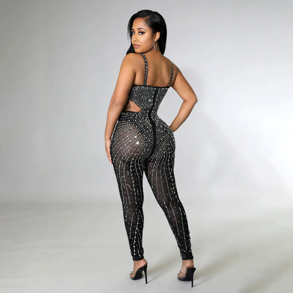 S390330  Cross-border Foreign Trade Fashion Sexy Mesh Perspective Hot Diamond Sleeveless Suspender Jumpsuit Women