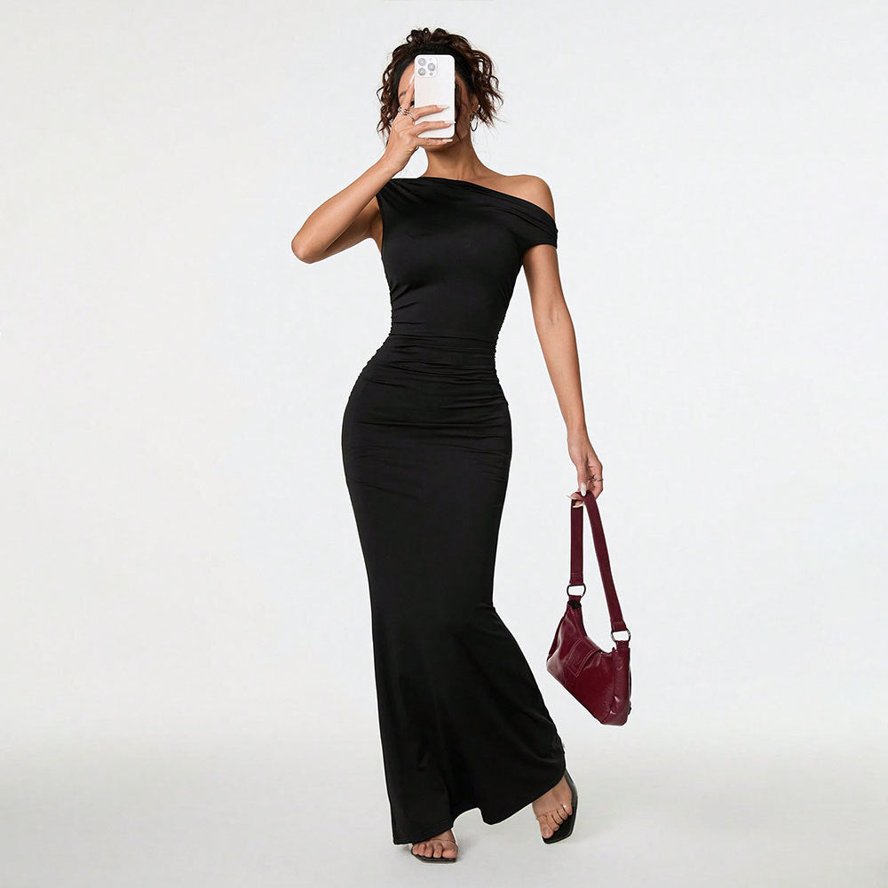 Amazon tk hot selling cross-border women's sexy socialite style dress summer off-the-shoulder asymmetrical neck black evening gown maxi dress