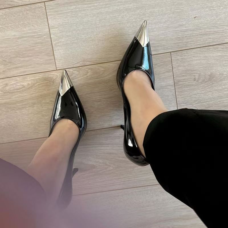 French plus size2025 black patent leather sexy spring new arrival pointed toe women's metal toe high heels elegant stiletto flats