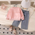 Casual bowknot embroidered black long-sleeve baby sweatshirt and jeans set - girls' two-piece outfit