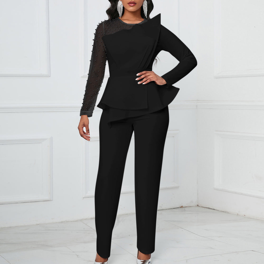 D439 independent station  new long-sleeved elegant mesh stitching beading slimming look banquet large size foreign trade jumpsuit
