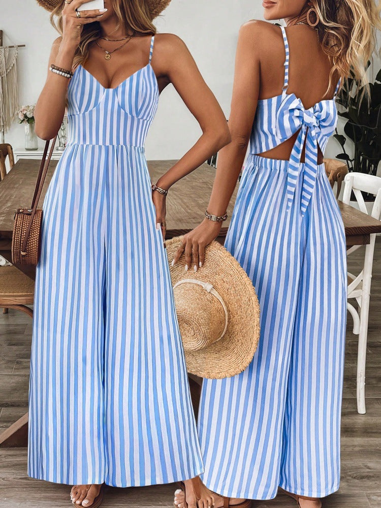 Ready-to-ship cross-border women's fashion jumpsuit: european and american style, spaghetti strap, open back, large bow detail