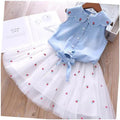 Summer new girls' denim embroidered turn-down collar top + princess mesh skirt two-piece set - direct from the manufacturer