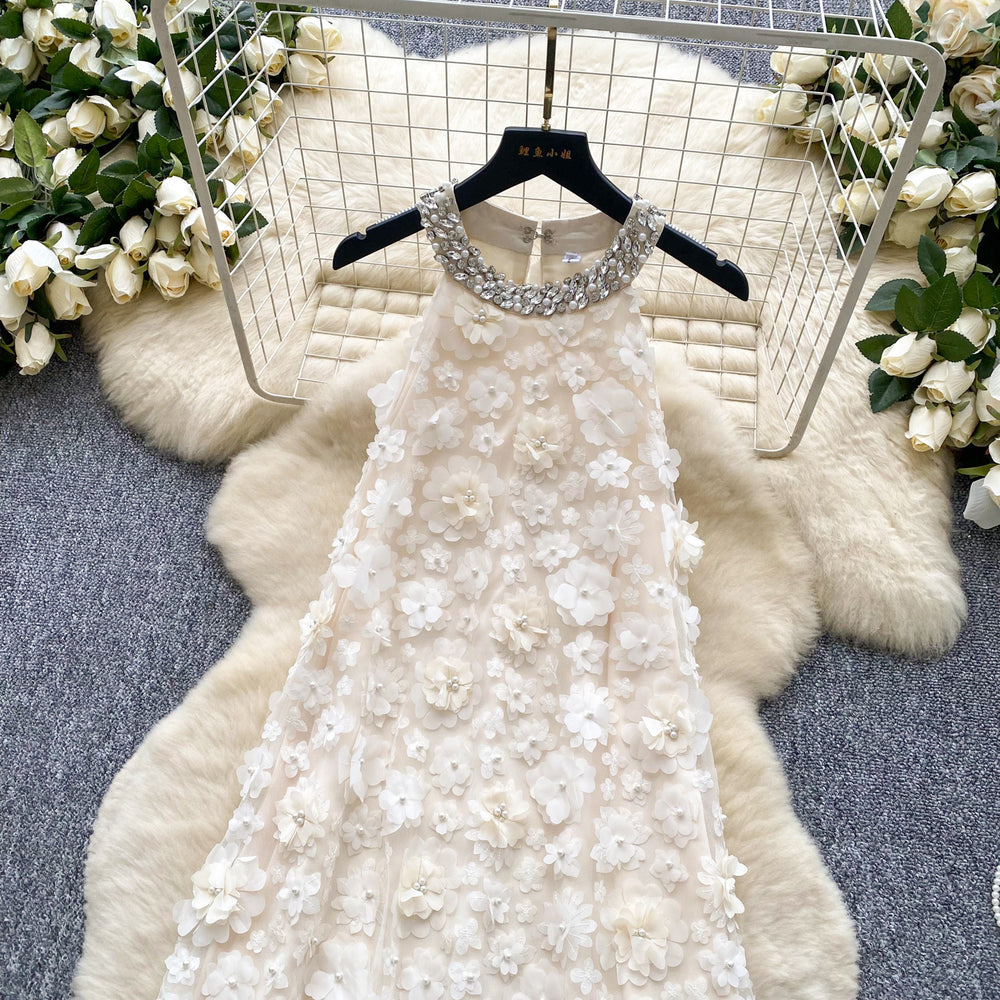 French chic luxury beaded halter sleeveless 3d floral mesh dress - women's loose fit long evening gown