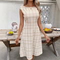 spring/summer european and american export cross-border striped plaid crew neck sleeveless color block shirred waist midi dress