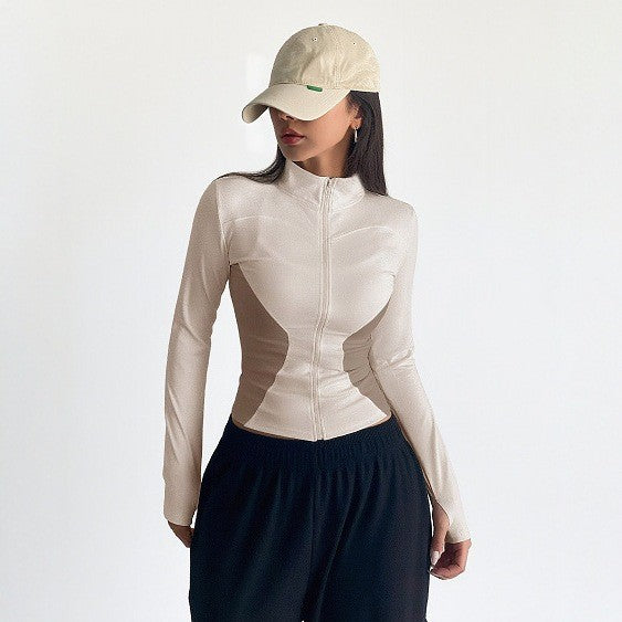 Pre-sale  European and American style Spice Girl stand-up collar zipper waist long-sleeved yoga jacket women's casual and thin sports top