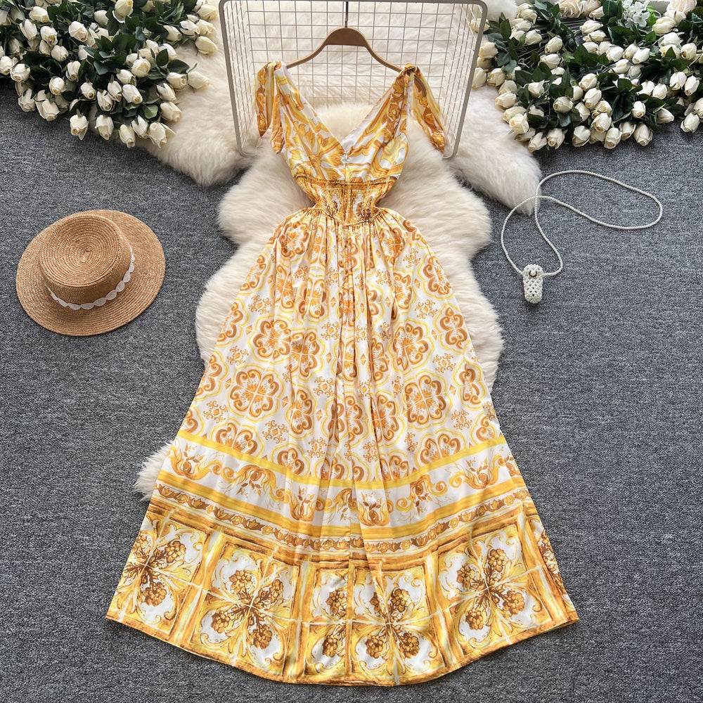 Palace style dress for women new arrivalniche styleretrofashionable styleprinting waist suspender long skirt