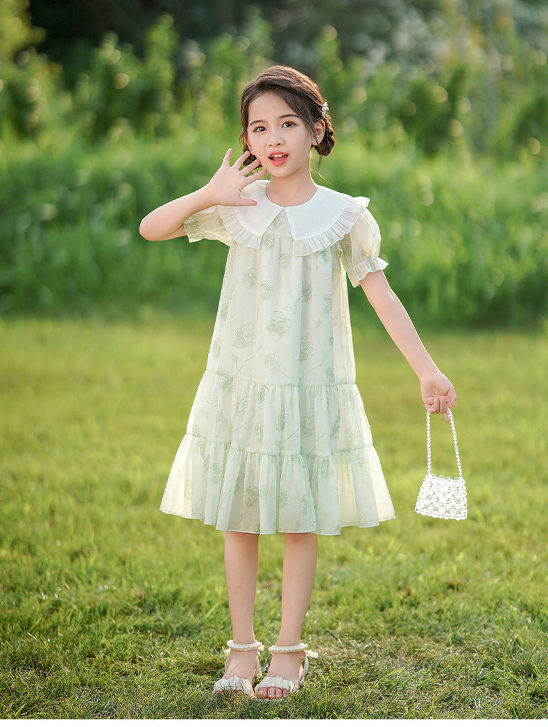 Girls' summer korean style floral dress  new arrival - stylish summer outfit for older girls, sweet princess dress with peter pan collar