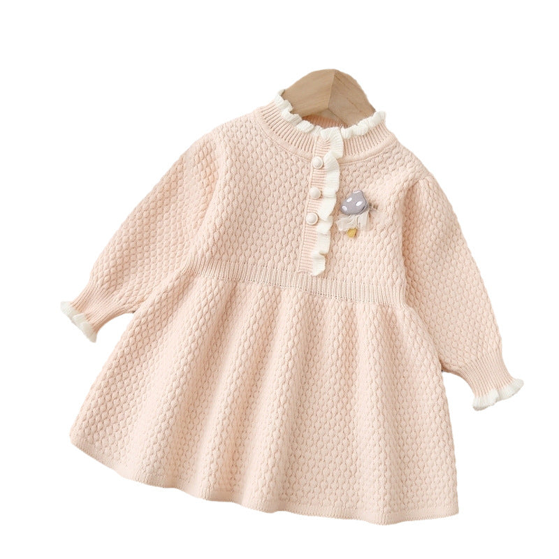 Girls' knitted mushroom dress with lace trim - autumn/winter  new sweet style long dress