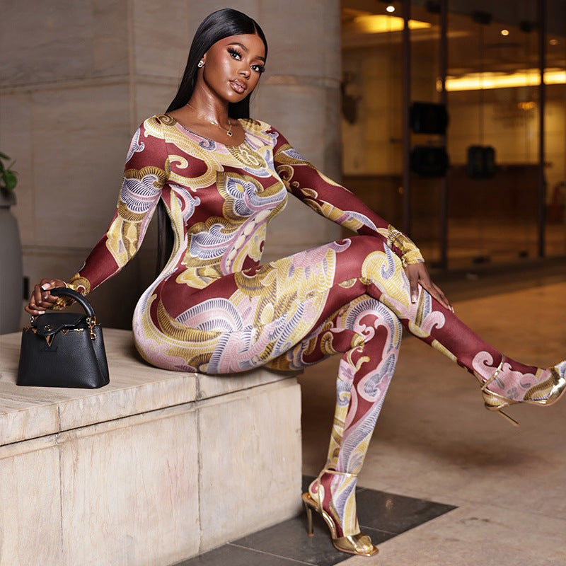 European and american style cross-border new women's printed versatile fashionable comfortable jumpsuit slim fit long sleeve crew neck bodysuit trendy