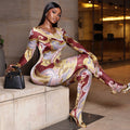 European and american style cross-border new women's printed versatile fashionable comfortable jumpsuit slim fit long sleeve crew neck bodysuit trendy