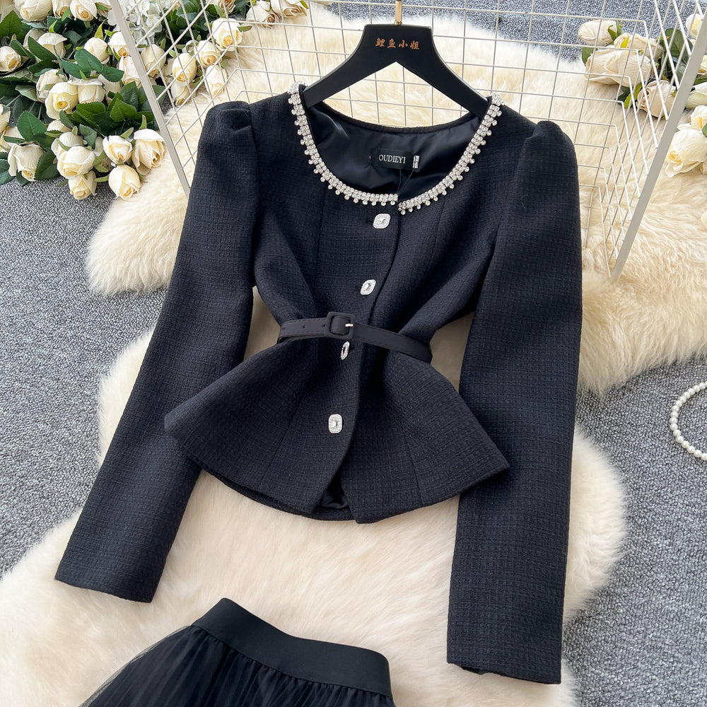 Xiaoxiangfeng wears frenchclassy sense of beads round neck waist suit outwearhigh waist mesh pleated skirt
