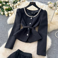 Xiaoxiangfeng wears frenchclassy sense of beads round neck waist suit outwearhigh waist mesh pleated skirt
