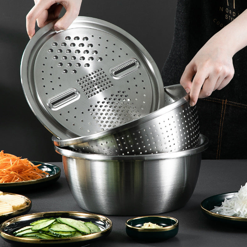 Multifunctional 304 stainless steel rice washing sieve for home drain basin potato slicing radish shredding basin and basin