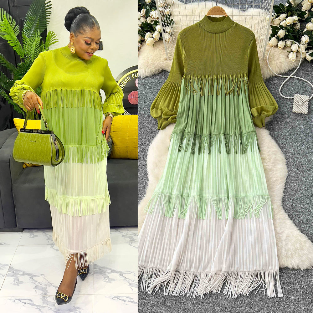 Miura european and american fashion dress women's  spring high-end lantern sleeve loose slimming color block tassel maxi dress