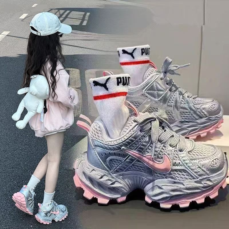 Dad shoes silver powder  spring summer high-looking new arrival breathable trendy sports shoes soft bottom western style running shoes trendy