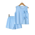 summer girls' sleeveless tank top and shorts set - light blue bow detail two-piece outfit for kids