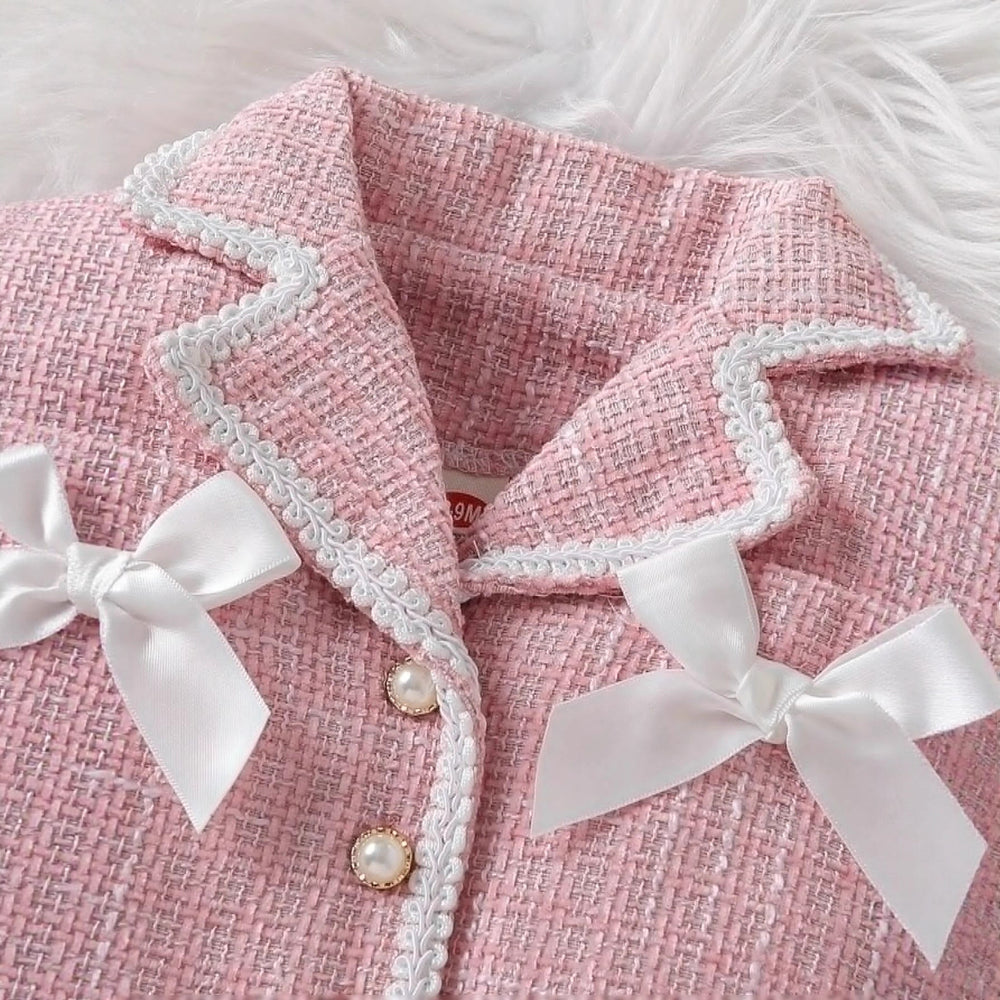 chic spring/autumn new korean style girls' tweed dress set - pink cute mini skirt two-piece outfit
