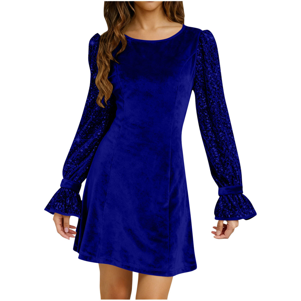 european and american   women's fashion solid color round neck gold velvet sequin long sleeve dress