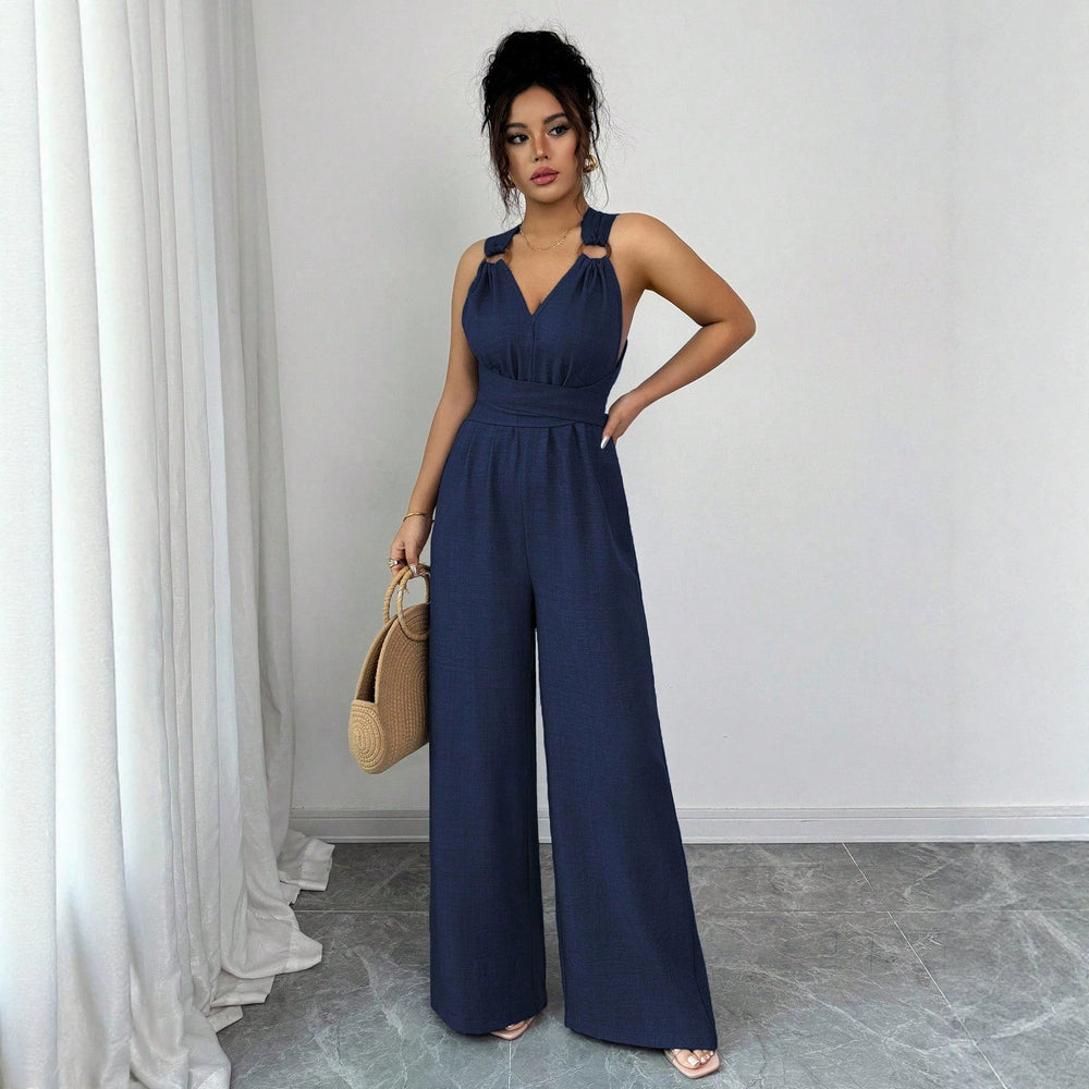 women's halterv neckbackless jumpsuit waist tie backloose pantswork clothingcasualslimming look jumpsuit