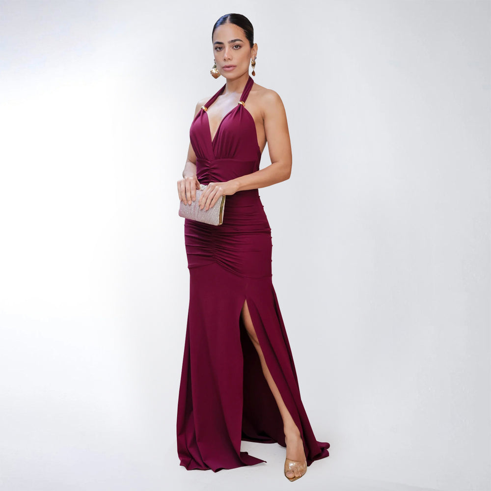 C7552 cross-border   fashion women's elegant solid color sexy v-neck slit dress