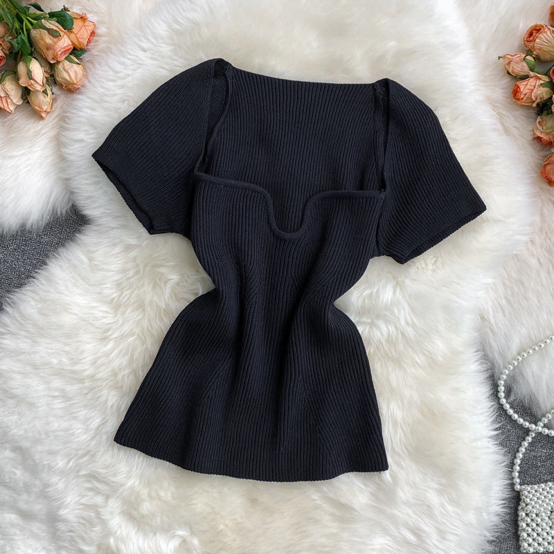 Summer hot girl style short t-shirt short sleeve sense of designniche style square neck heart exposed collarbone exposed navel knitting shirttops women