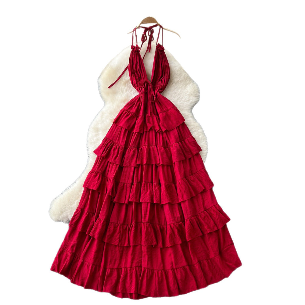 Luxury european and american style halter neck slip dress - women's summer deep v tie-waist exquisite high-end tiered maxi dress
