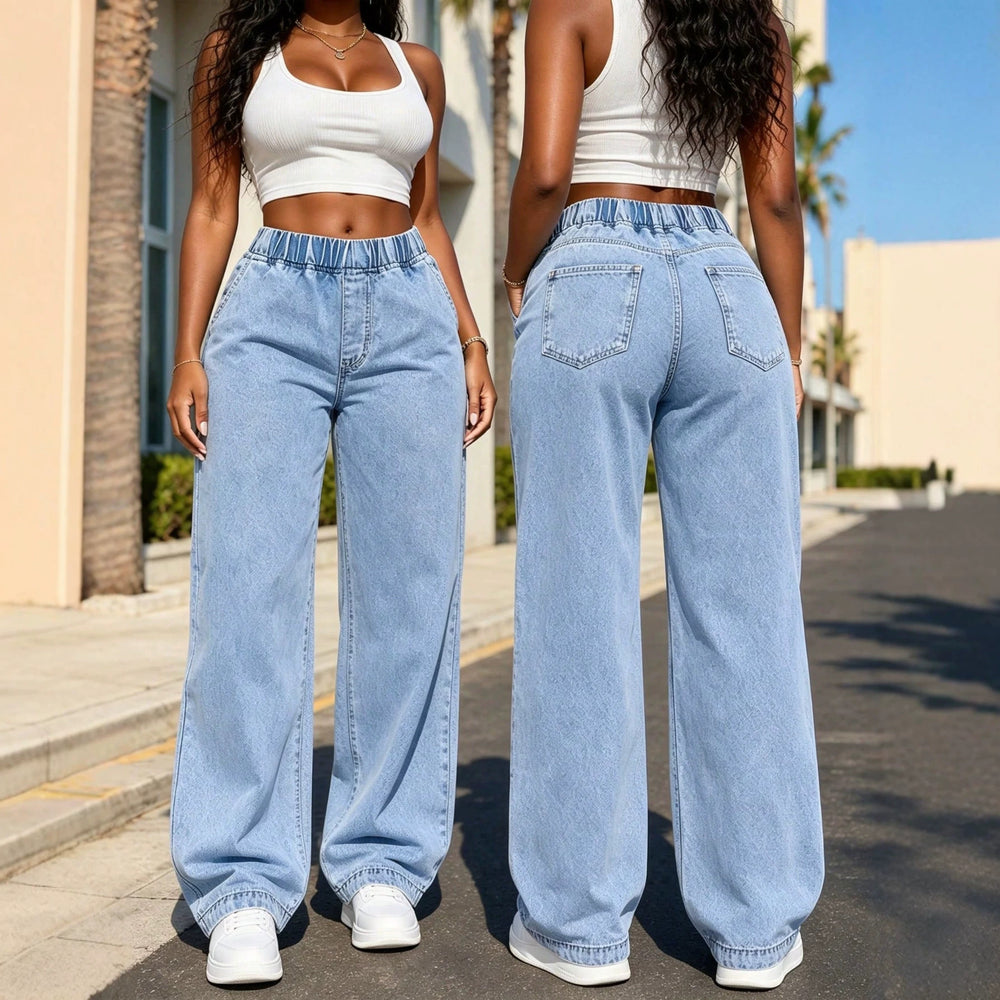 Fashionjeans women's light blue washed elastic waist loose pants casualdrapedloosestraight-leg denim pants