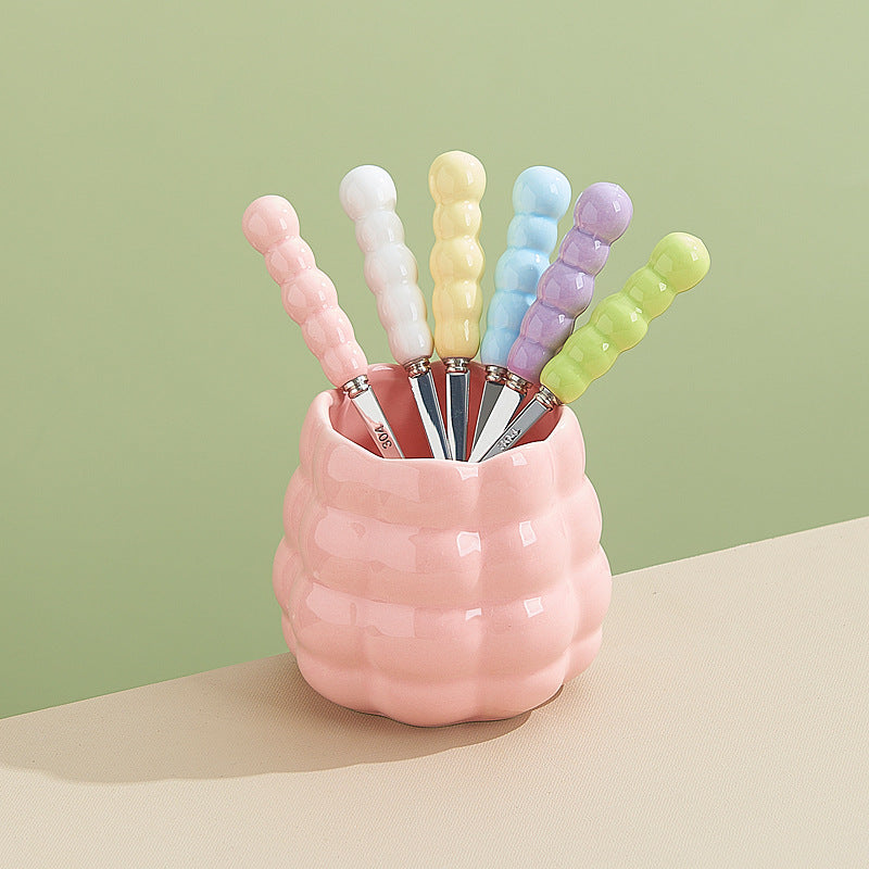 Dopamine color mixing stainless steel fruit forks, high-value afternoon tea dessert fork and spoon set with ceramic storage jar