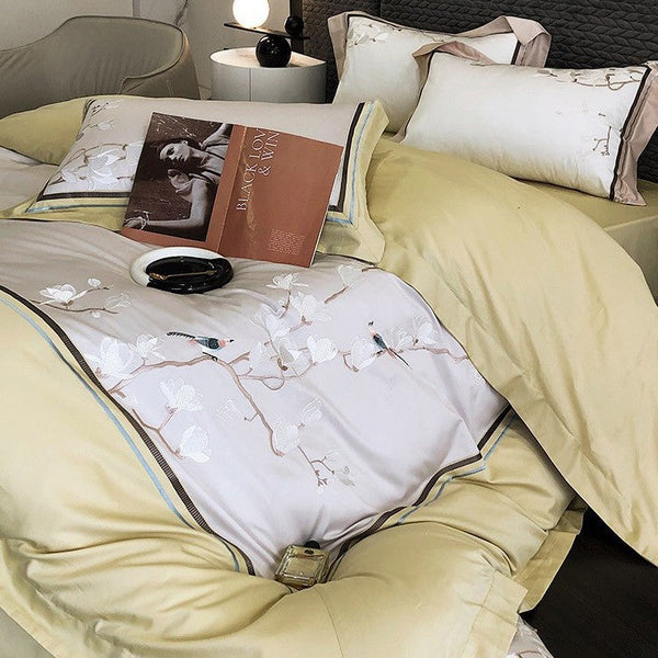 100s long-staple cotton cotton bed sheet quilt cover four-piece flower and bird embroidery new Chinese style pure cotton bedding wholesale