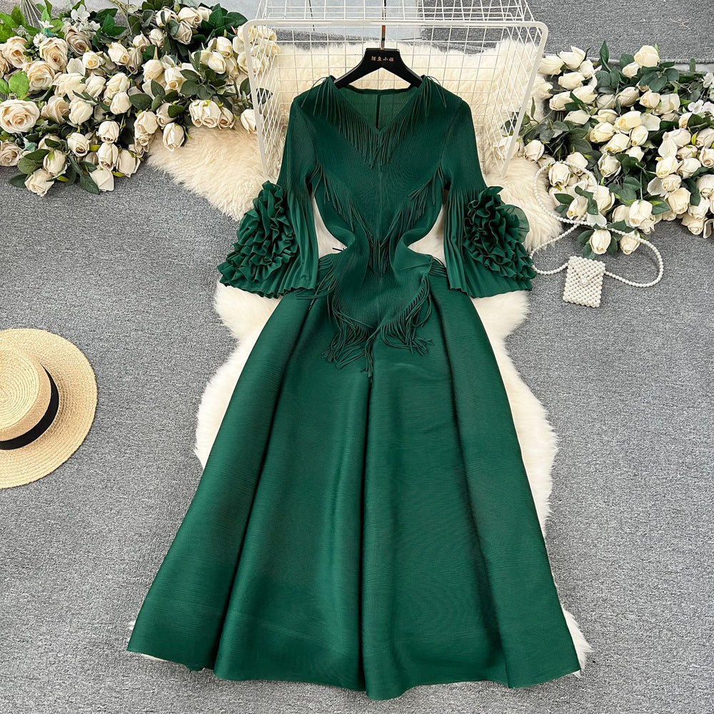 European court style women's dress - designer tassel v-neck slim fit maxi dress with miyake-inspired pleats and flared sleeves