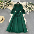 European court style women's dress - designer tassel v-neck slim fit maxi dress with miyake-inspired pleats and flared sleeves