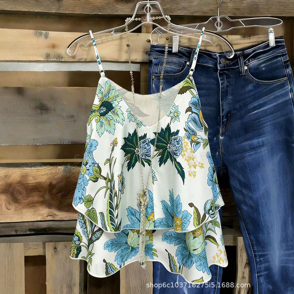 fashion  summer new arrival fresh floral print camisole loosev neck holiday style