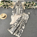 Casual fashion sporty age-defying knit two-piece set for women: premium printed hooded sweater and high-waisted wide-leg pants