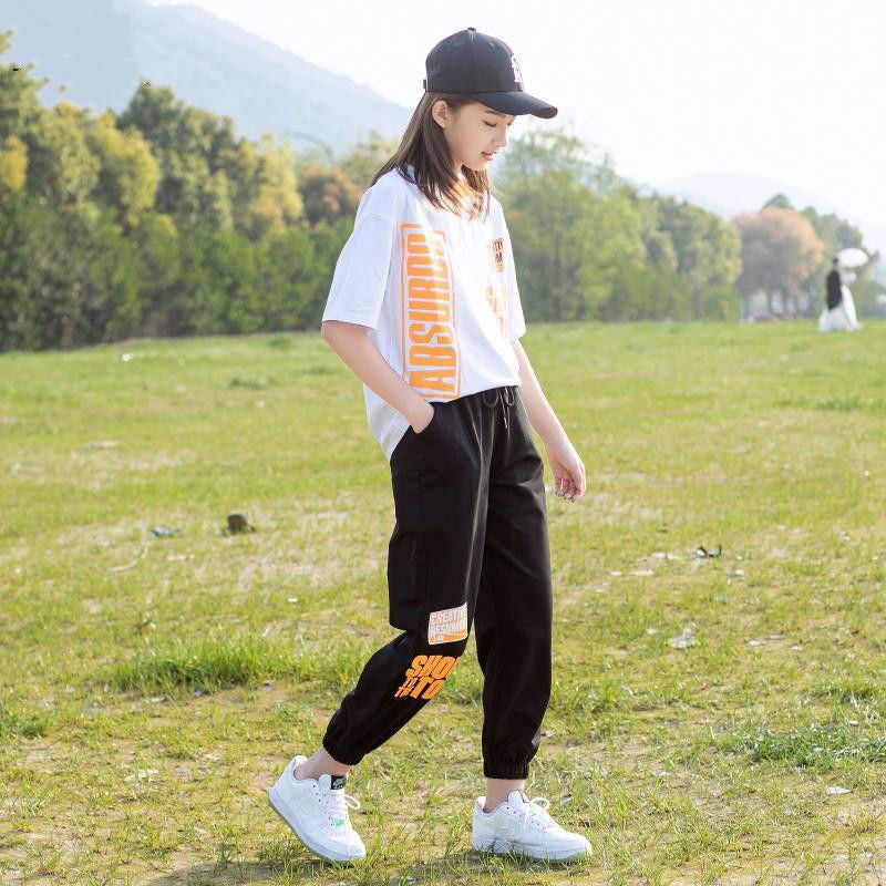 Girls' summer outfit : kids' activewear for 14-year-old girls (mid-to-large size), fashionable 0.75kg-piece set with short sleeves