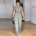 European and american style women's fall  new collection: sweet turn-down collar single-breasted short-sleeve blouse and high-waisted straight-leg pants two-piece set