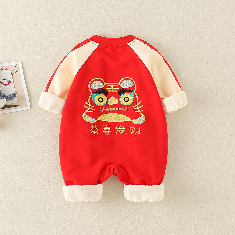 Baby fall and winter wear chinese style long sleevesfleece-lined khaki full moon suit tiger head first birthday dress climbing suit national trend