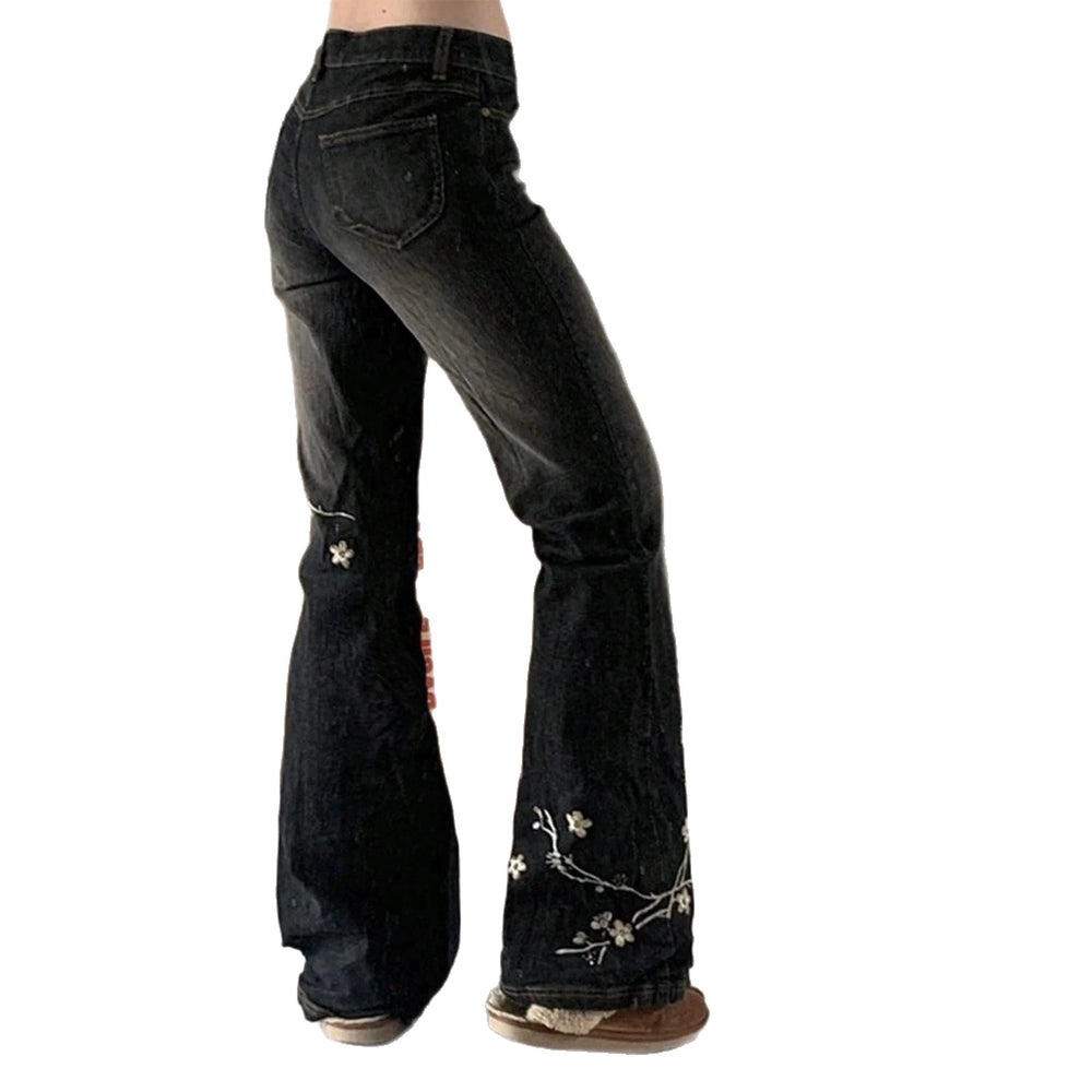Fashionjeans women's low-waist plum blossom embroider micro-flared jeans black and gray washed silmslimming lookmoppants