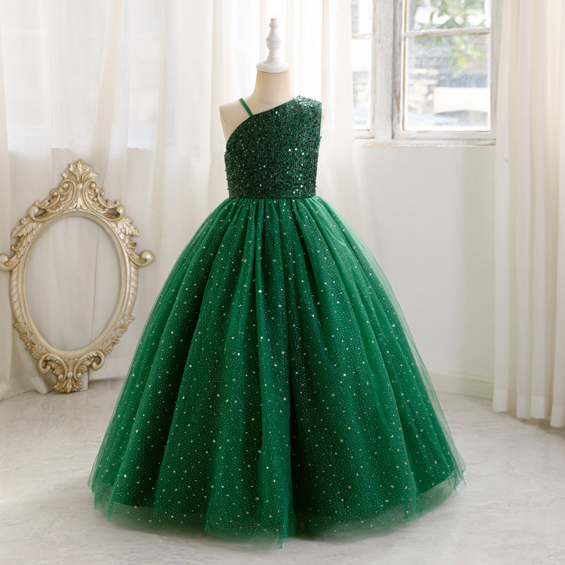 European and american style girls' evening gown - high-end, elegant, long, mesh tutu skirt, off-the-shoulder, sequin embellished, customizable, hot seller