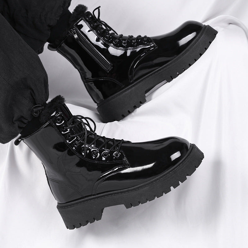 Men's winter black combat boots - british style casual motorcycle leather boots - men's anti-slip fleece-lined warm cotton boots