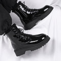 Men's winter black combat boots - british style casual motorcycle leather boots - men's anti-slip fleece-lined warm cotton boots