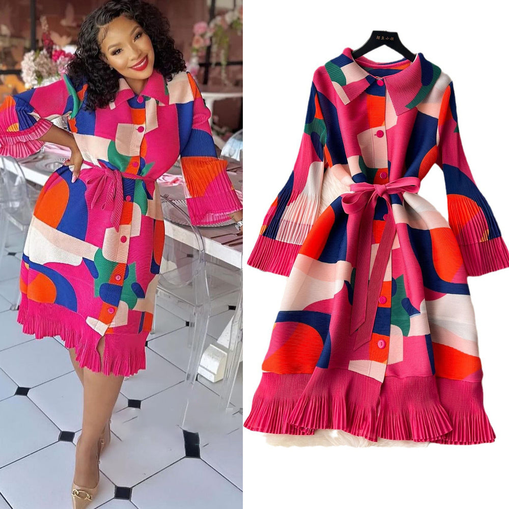 French retro chic pleated print women's summer loose fit slimming casual tiered waist midi dress