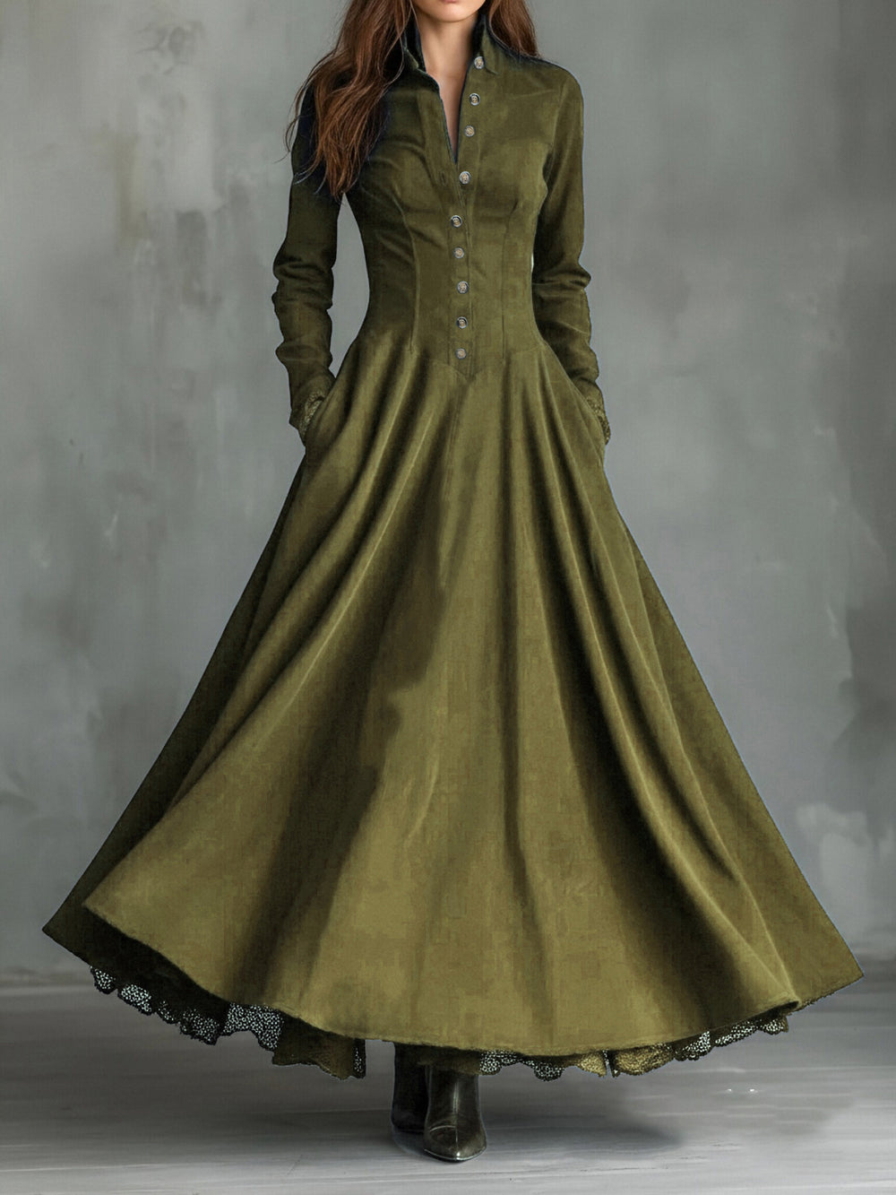 European and american cross-border  independent station french retro high-end faux suede lace trim patchwork shirt dress