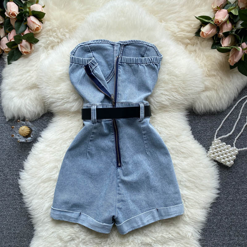 Tube topworkwear jumpsuit women's new arrivalhigh waistslimming look wide leg shortspetitescasual jumpsuit hot girl pants