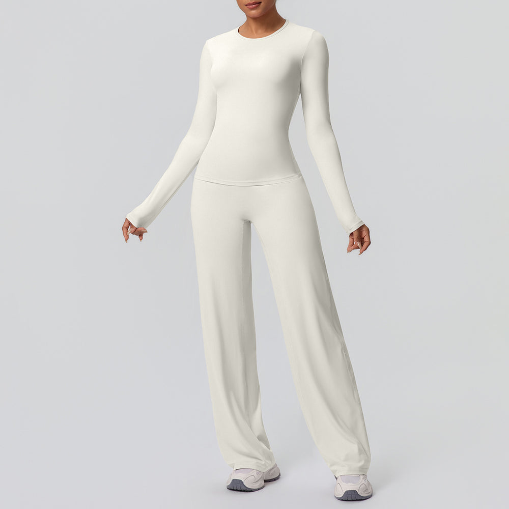 double-sided brushed pure color tight training long sleeves wide-leg yoga suit sports running fitness two-piece set